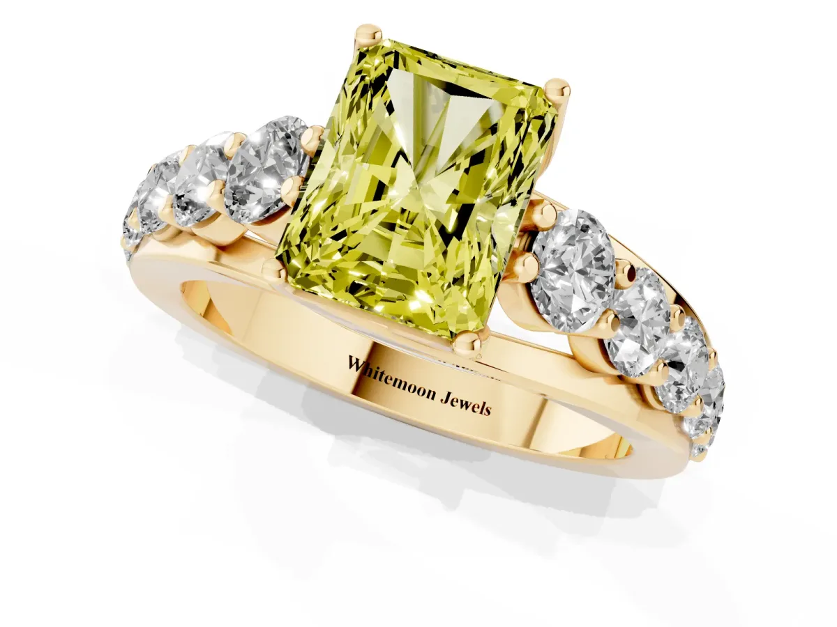 Fancy Yellow Radiant Cut Diamond Engagement Ring with Pavé Band and Four-Prong Setting Yellow gold