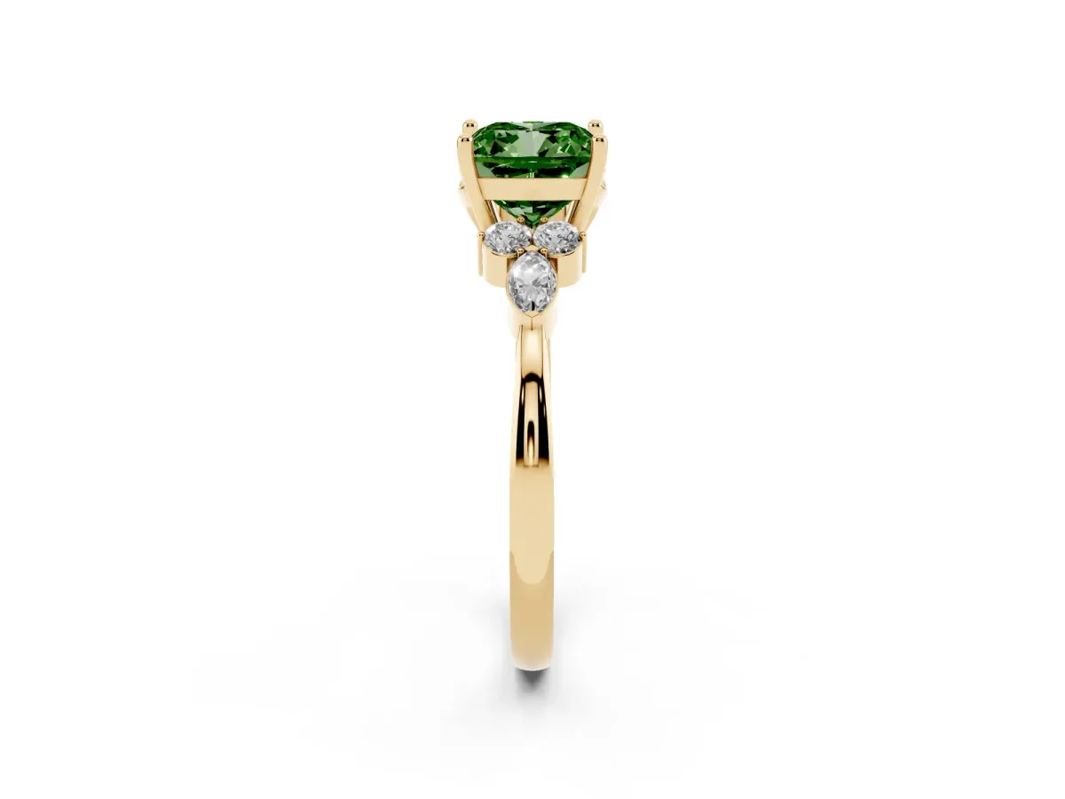 Fancy Green Cushion Cut Brilliant Diamond Solitaire Ring with Pear Side Stones and Four-Prong Setting Yellow gold