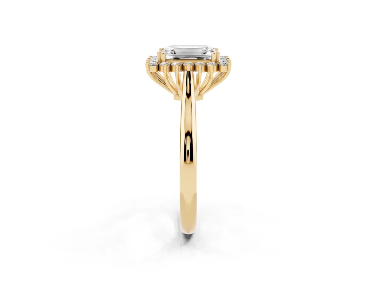 Emerald Cut Cut Diamond Halo Ring with Solitaire Band and Prong Setting Yellow gold