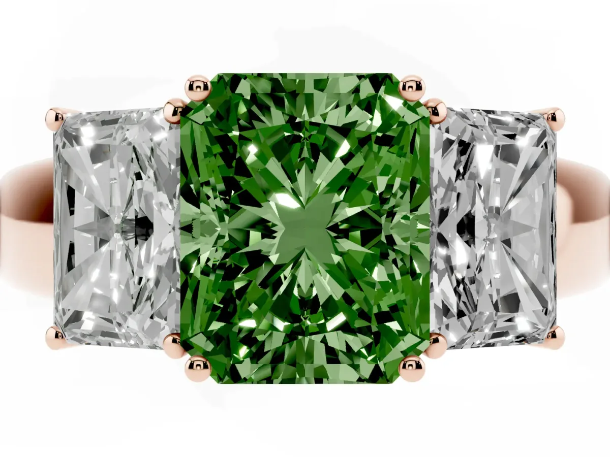 Fancy Green Three-Stone Radiant Cut Cut Diamond Ring with Prong Setting and Classic Band Rose gold