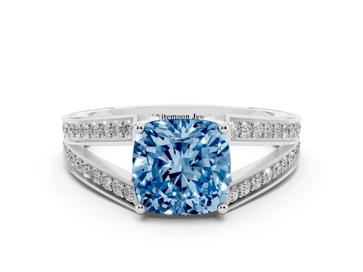 Fancy Blue Cushion Cut Diamond Split Shank Ring with Pavé Band and Four-Prong Setting White gold