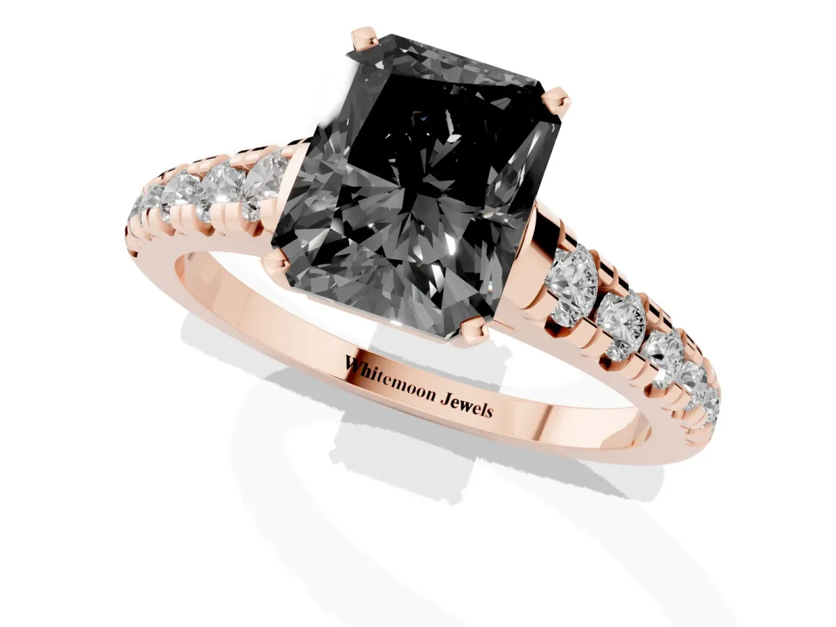 Fancy Black Radiant Cut Diamond Cathedral Solitaire Ring with Round Pavé Band Rose gold