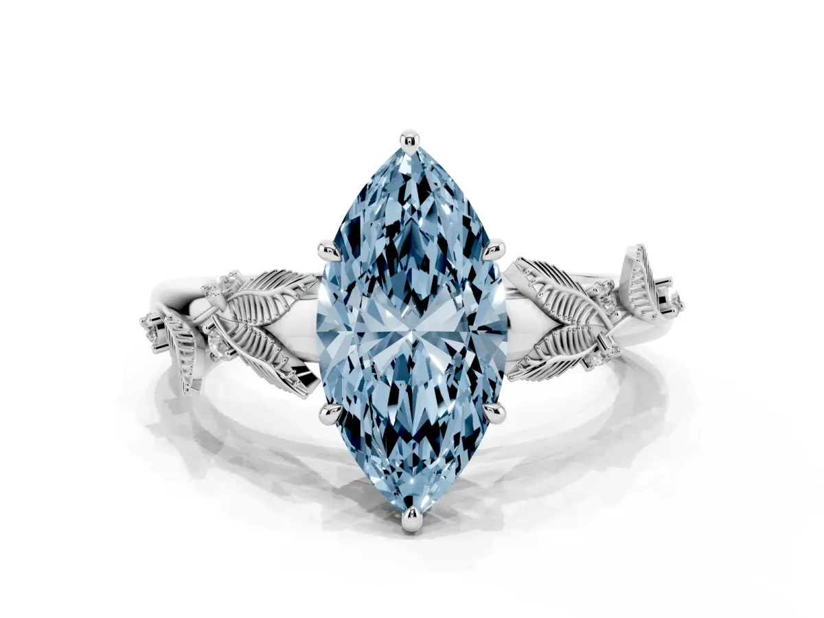 Fancy Blue Marquise Cut Diamond Solitaire Ring with Leaf Motif Band and Four-Prong Setting Platinum
