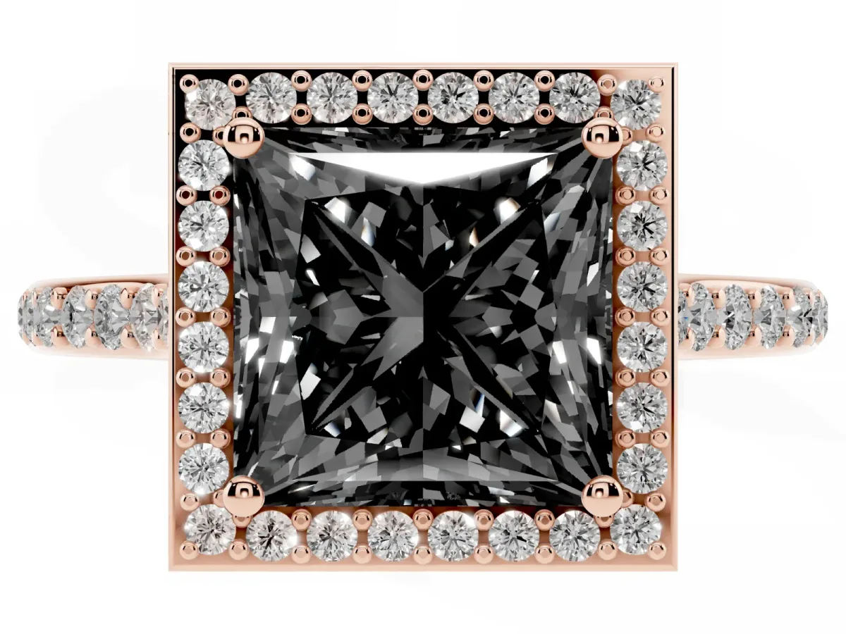 Fancy Black Princess Cut Diamond Halo Engagement Ring with Round Pavé Shoulders and Prong Setting Rose gold