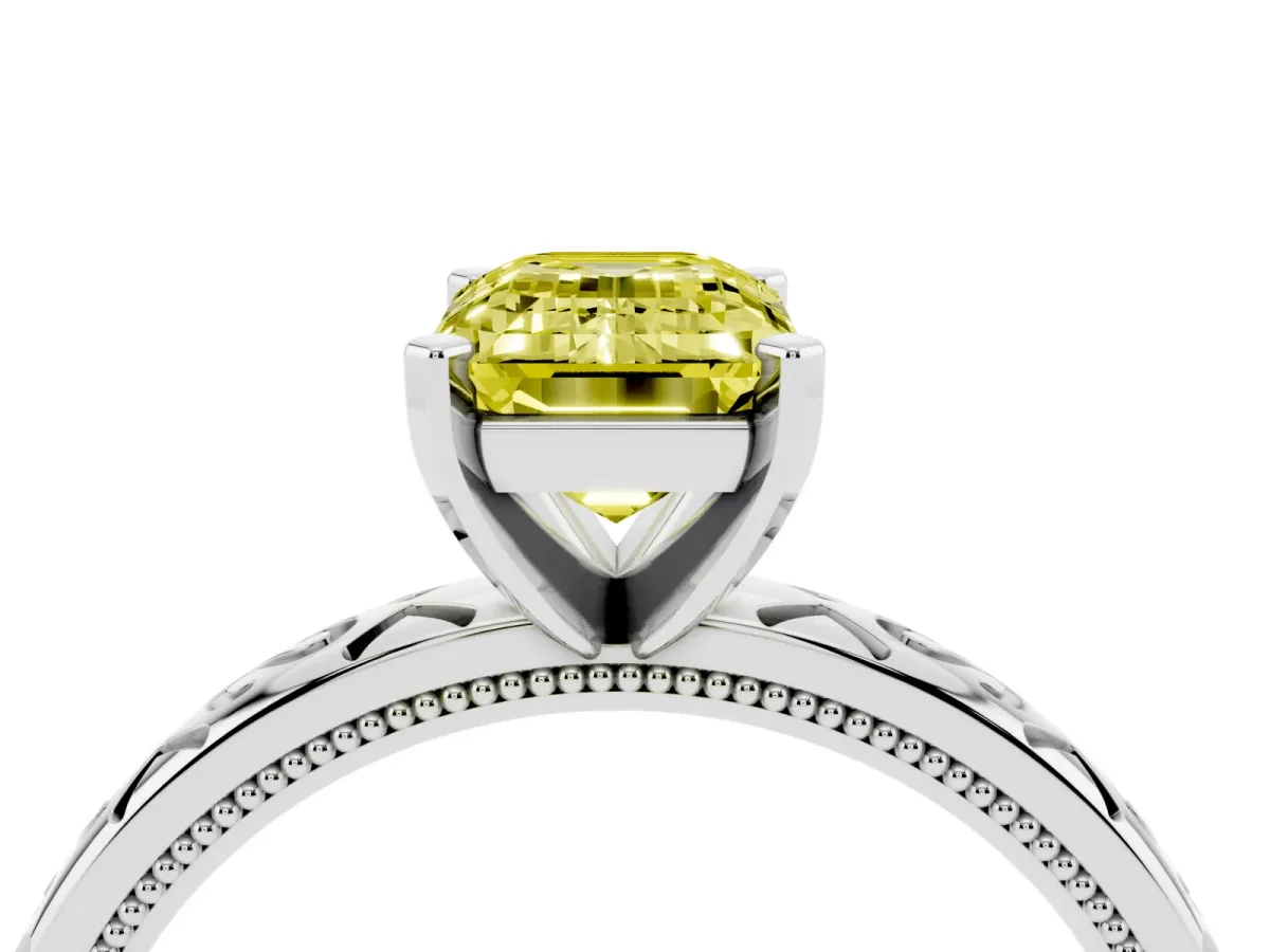 Fancy Yellow Emerald Cut Solitaire Engagement Ring with Scrollwork Band and Four-Prong Setting Silver