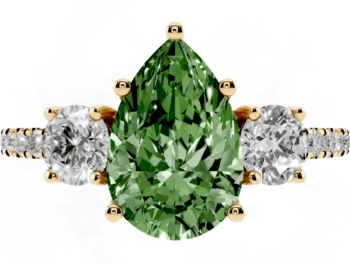 Fancy Green Three-Stone Pear Cut Cut Diamond Pavé Band with Prong Setting Yellow gold