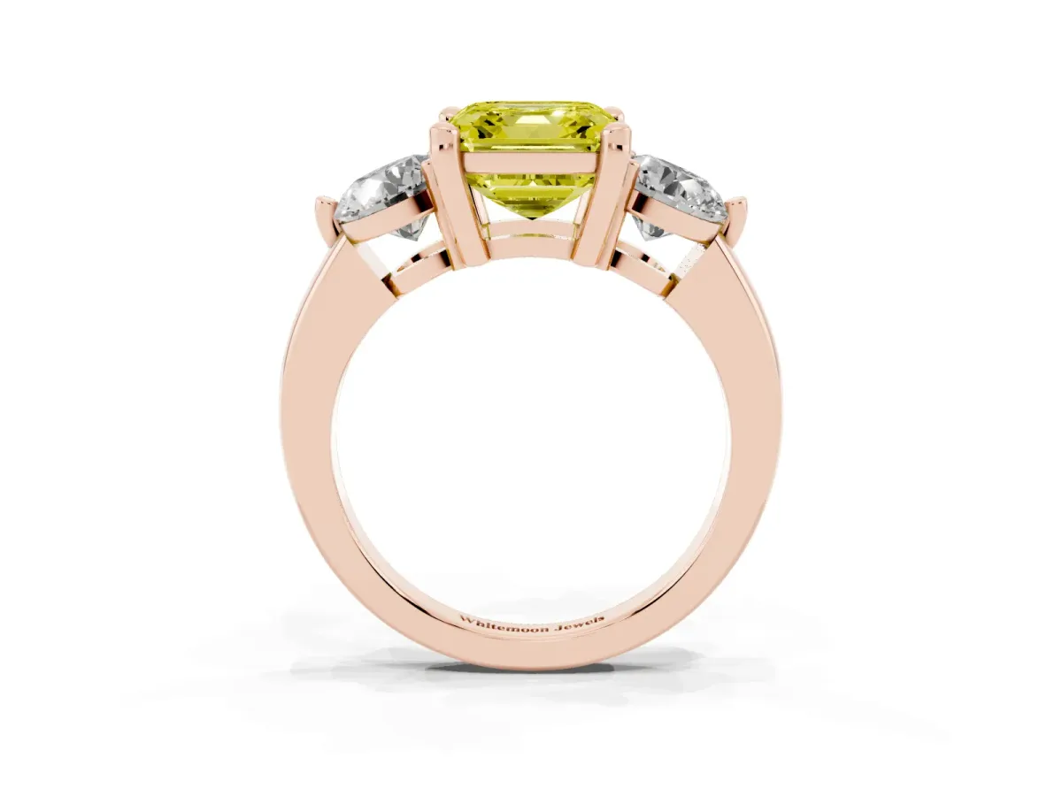 Fancy Yellow Three-Stone Asscher Cut Brilliant Cut Solitaire Ring with Prong Setting on a Classic Band Rose gold