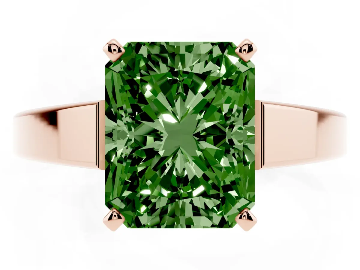 Fancy Green Radiant Cut Solitaire Engagement Ring with Four-Prong Setting and Tapered Band Rose gold