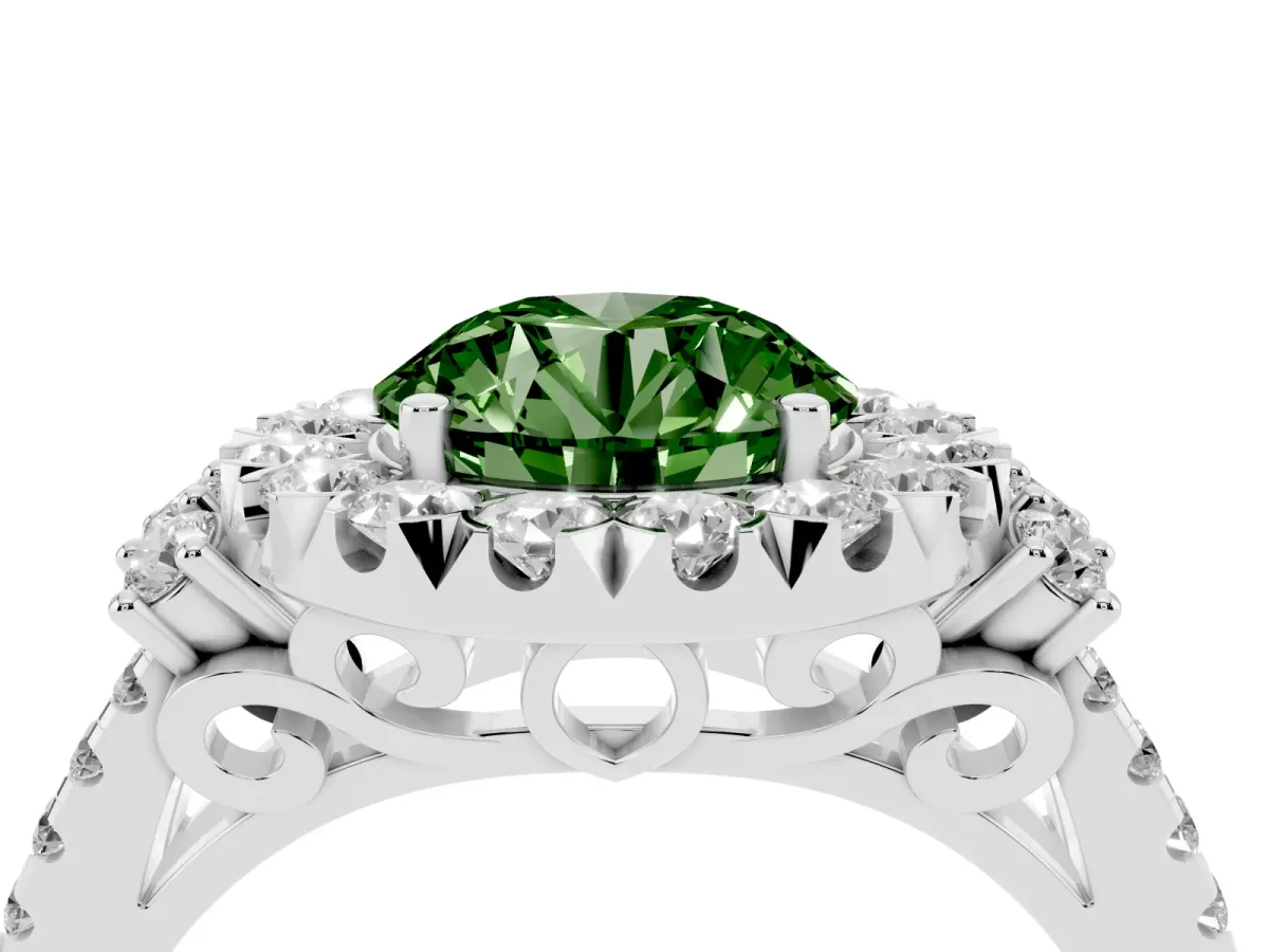 Fancy Green Round Cut Cut Double Halo Diamond Engagement Ring with Pave Band and Four-Prong Setting Silver