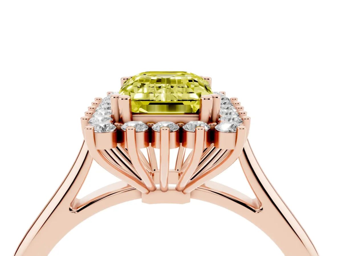 Fancy Yellow Emerald Cut Cut Diamond Halo Ring with Solitaire Band and Prong Setting Rose gold