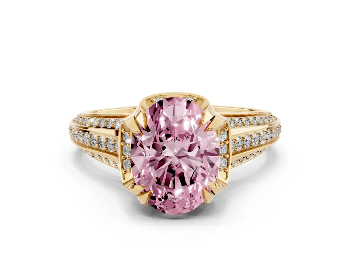 Fancy Pink Oval Cut Solitaire Pave Split Shank Ring with Four-Prong Setting Yellow gold