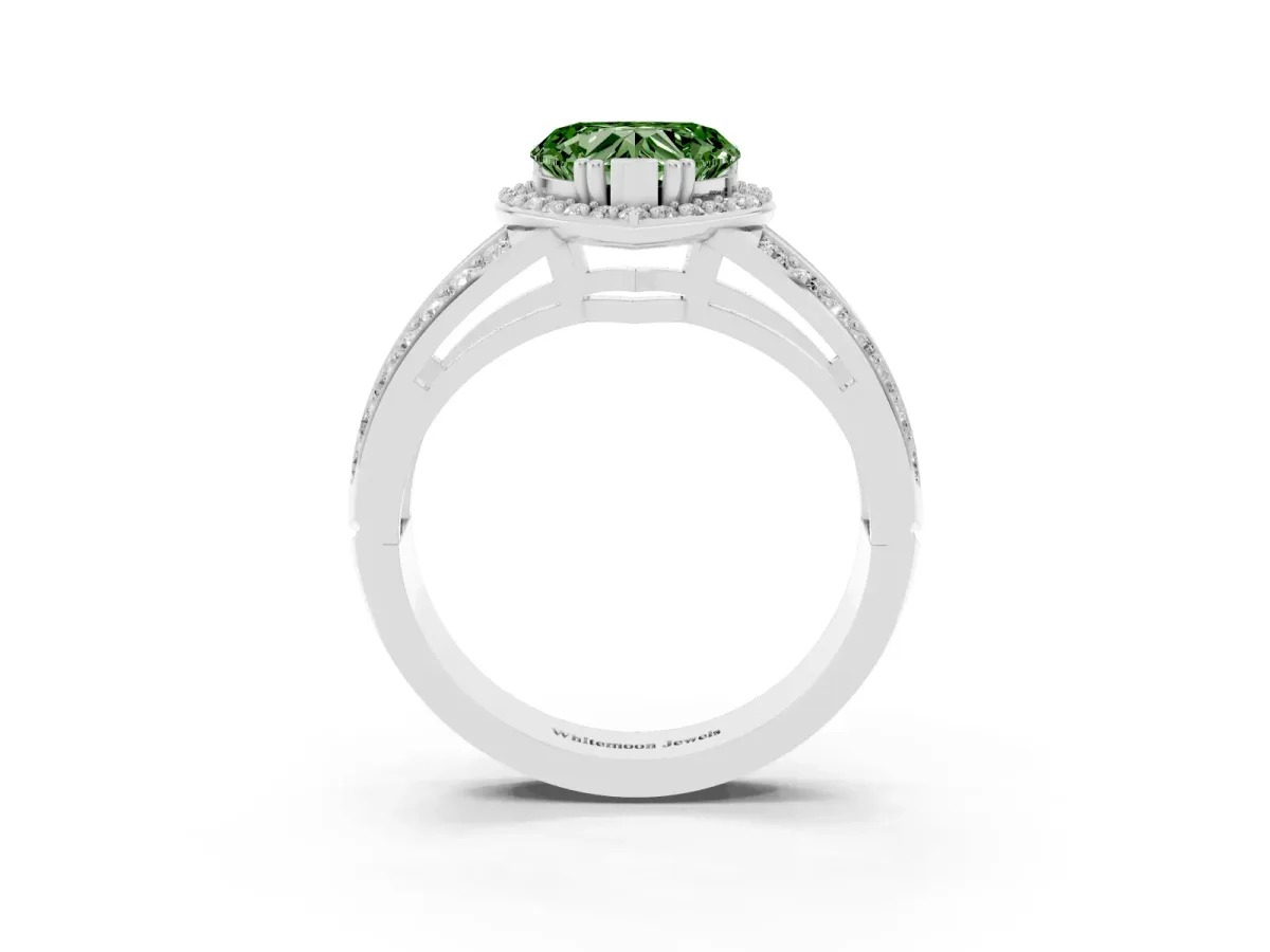 Fancy Green Heart Cut Diamond Halo Ring with Split Shank Pavé Band and Four-Prong Setting Platinum