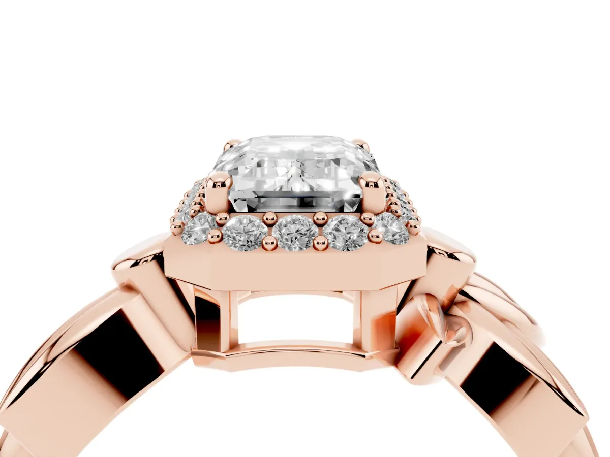 Emerald Cut Halo Diamond Floral Band with Four-Prong Setting Rose gold