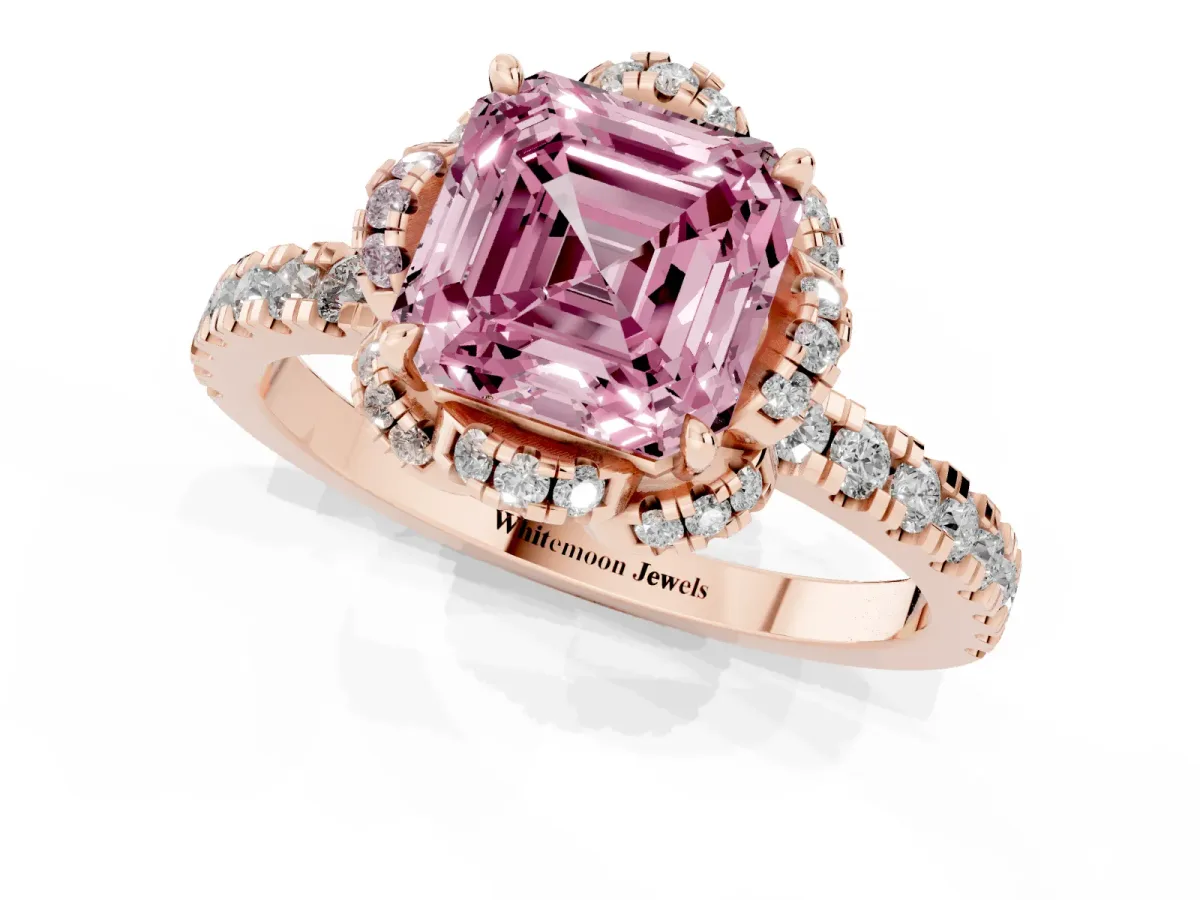 Fancy Pink Asscher Cut Diamond Halo Pave Band with Four-Prong Setting Rose gold