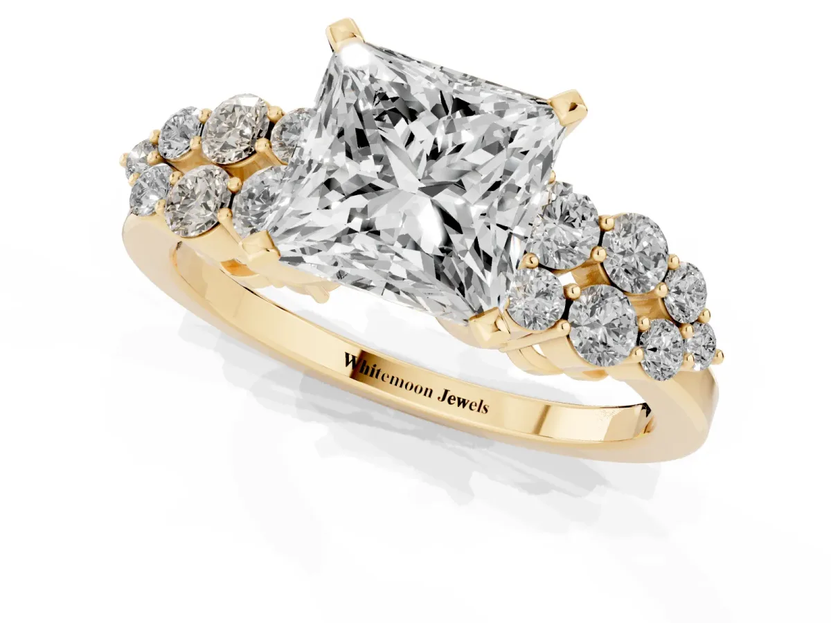 Princess Cut Cluster Diamond Engagement Ring with Pavé Band and Four-Prong Setting Yellow gold