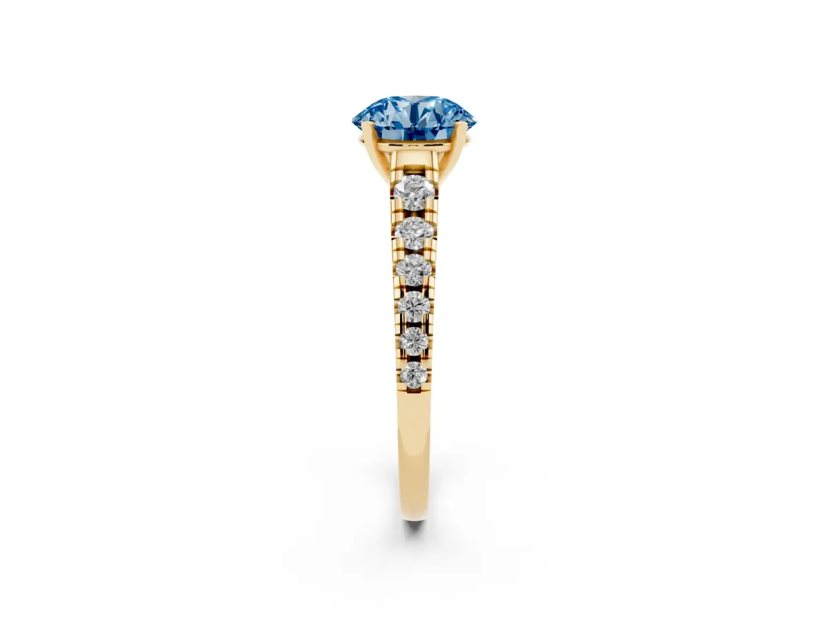 Fancy Blue Round Cut Diamond Cathedral Solitaire Ring with Round Pavé Band Yellow gold