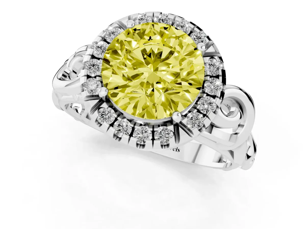 Fancy Yellow Round Cut Cut Halo Diamond Ring with Scrollwork Band and Four-Prong Setting Silver