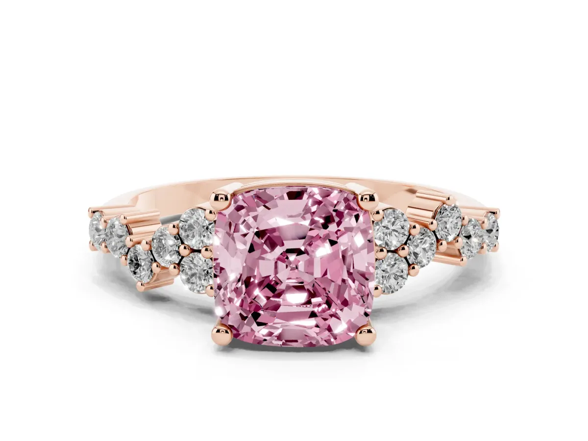 Fancy Pink Cushion Cut Diamond Scattered Round Accent Ring with Prong Setting Rose gold