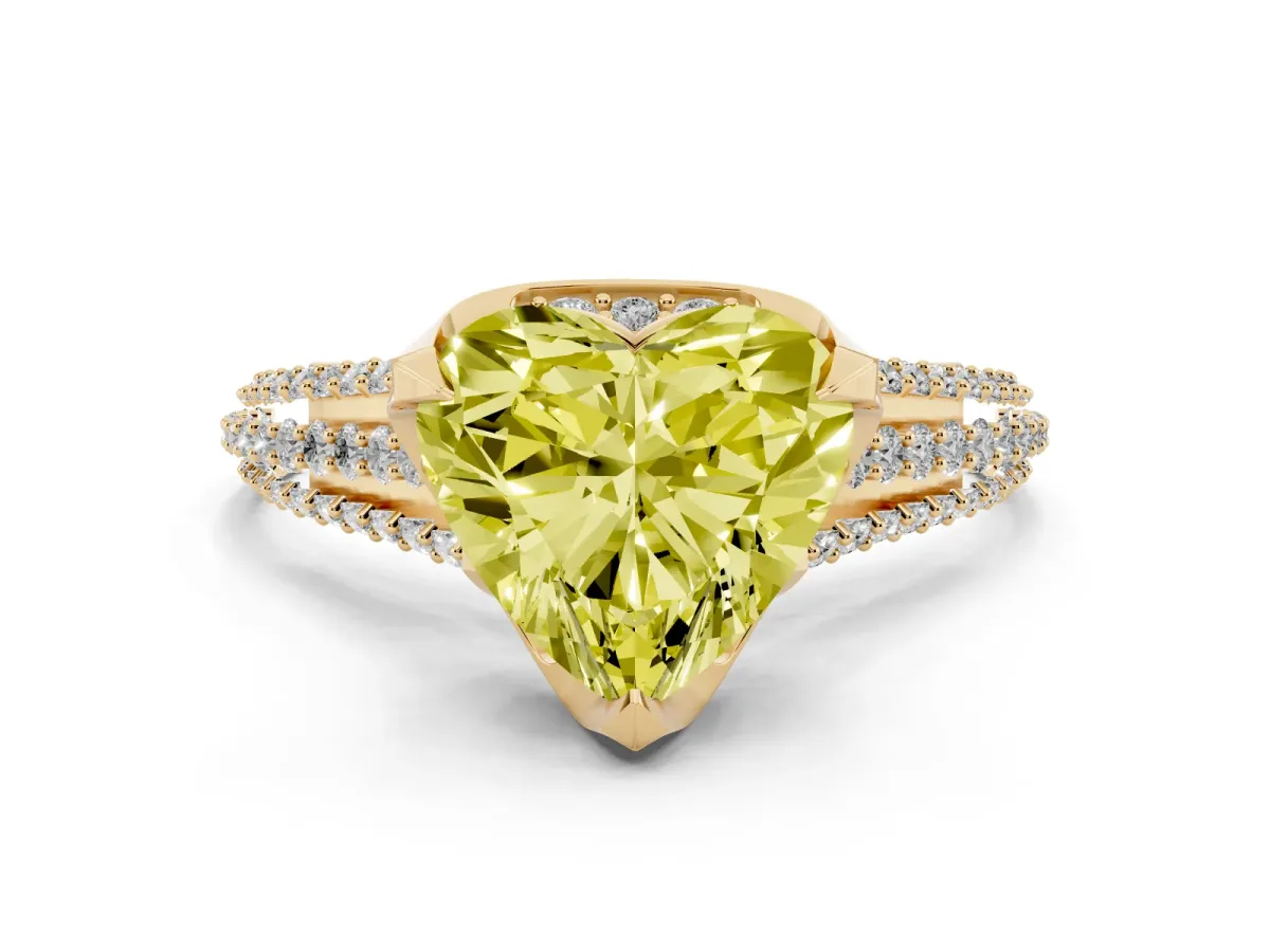 Fancy Yellow Heart Cut Solitaire Pave Split Shank Ring with Four-Prong Setting Yellow gold