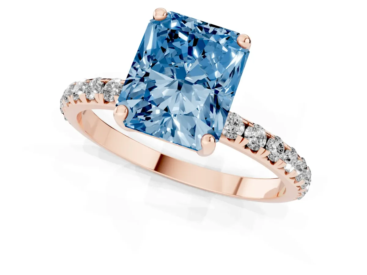 Fancy Blue Radiant Cut Cut Diamond Solitaire Ring with Micro Pave Band and Four Prong Setting Rose gold