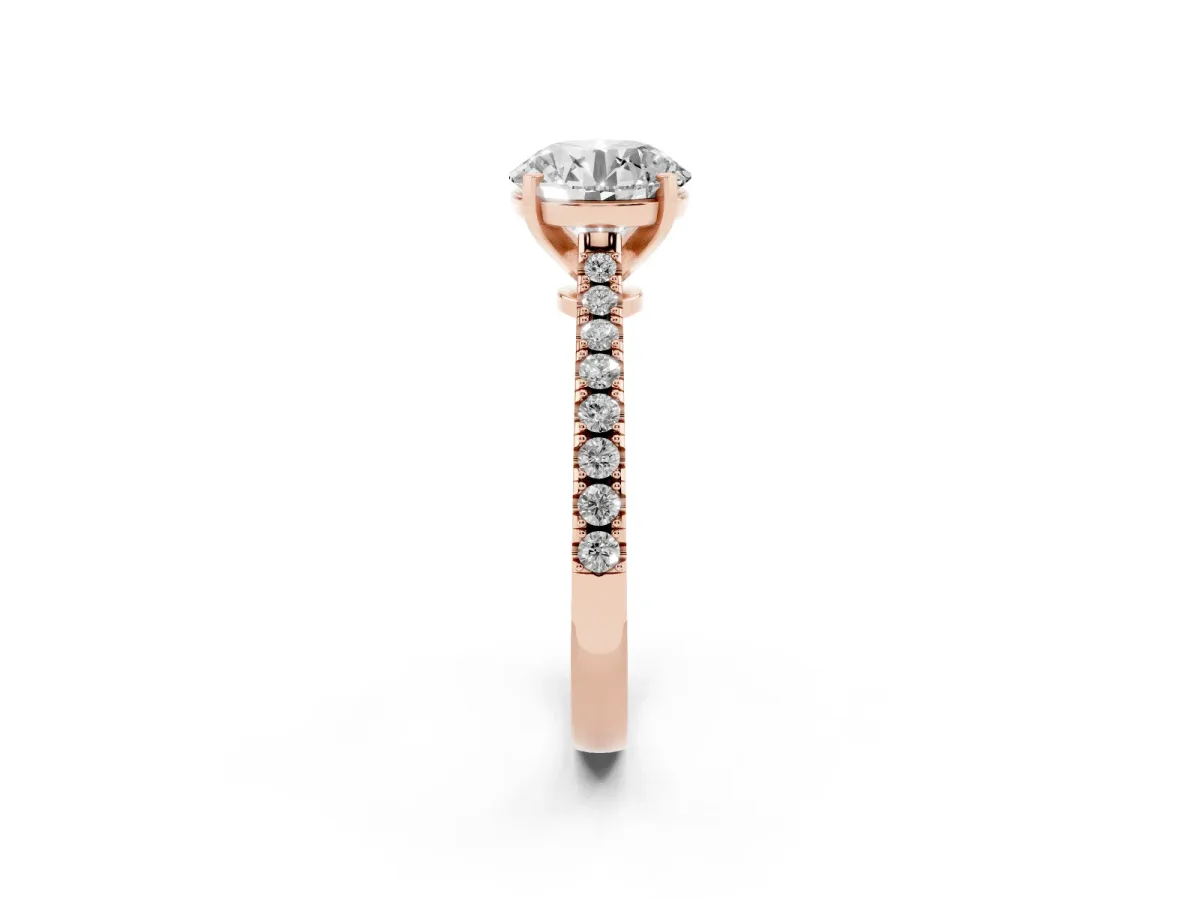 Round Cut Cut Solitaire Diamond Engagement Ring with Pave Band and Four-Prong Setting Rose gold