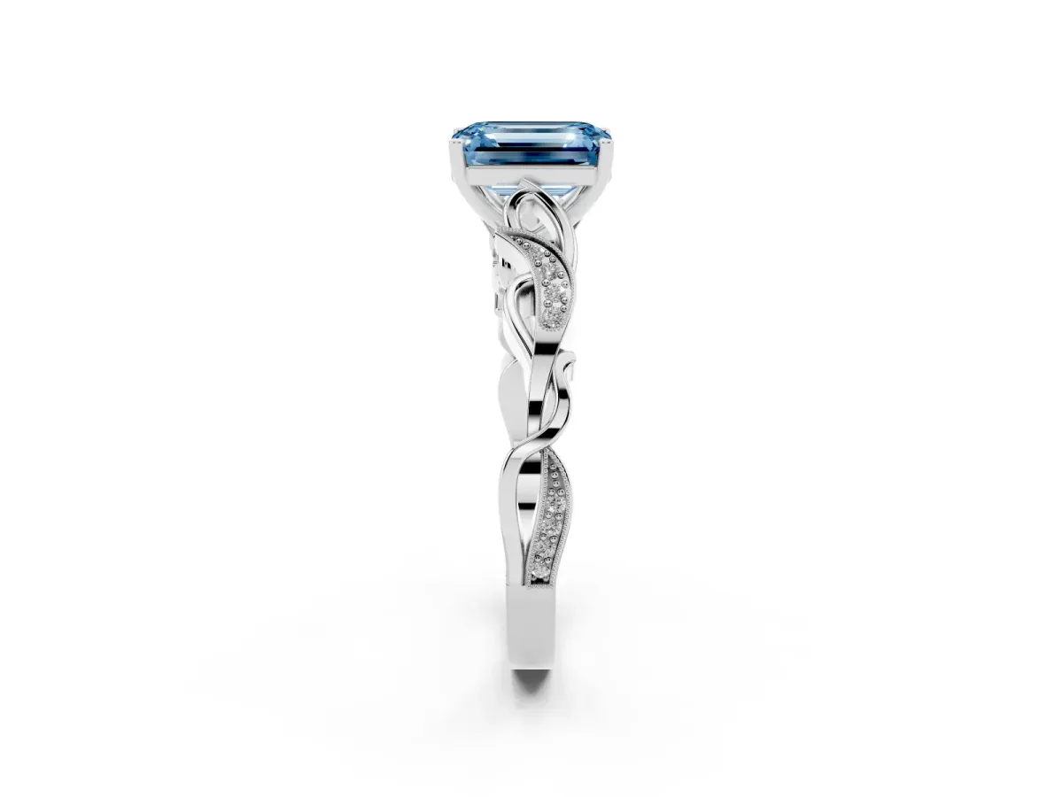 Fancy Blue Emerald Cut Solitaire Vine Band with Milgrain Prong Setting Platinum