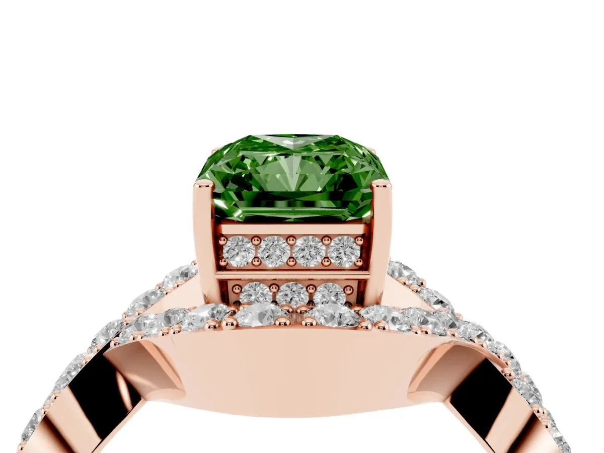 Fancy Green Radiant Cut Solitaire Twist Band Pavé Diamond Engagement Ring Rose gold