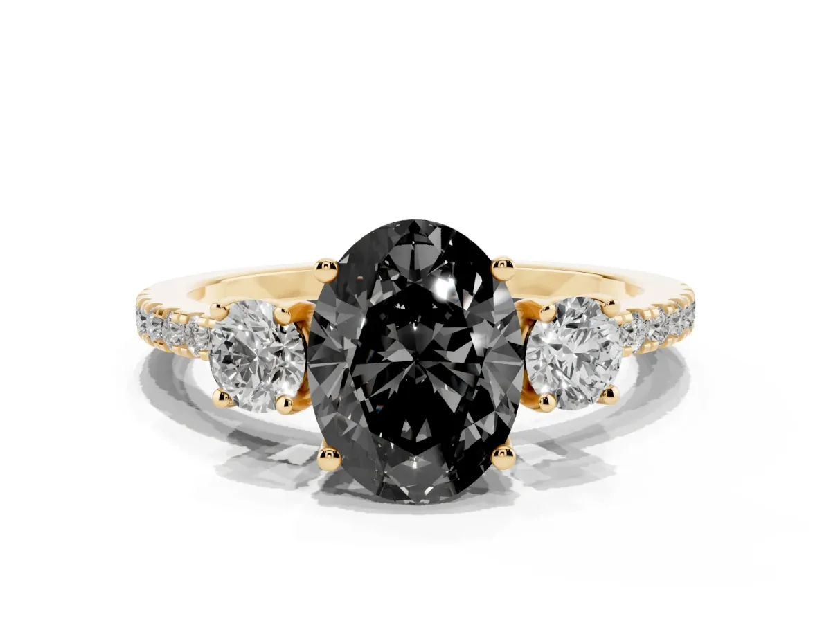 Fancy Black Three-Stone Oval Cut Cut Diamond Pavé Band with Prong Setting Yellow gold