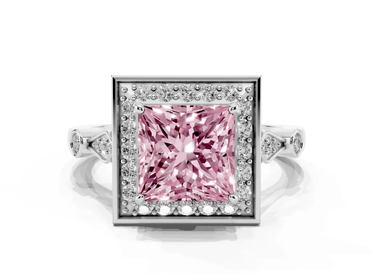 Fancy Pink Princess Cut Halo Diamond Engagement Ring with Twisted Band and Four-Prong Setting Platinum