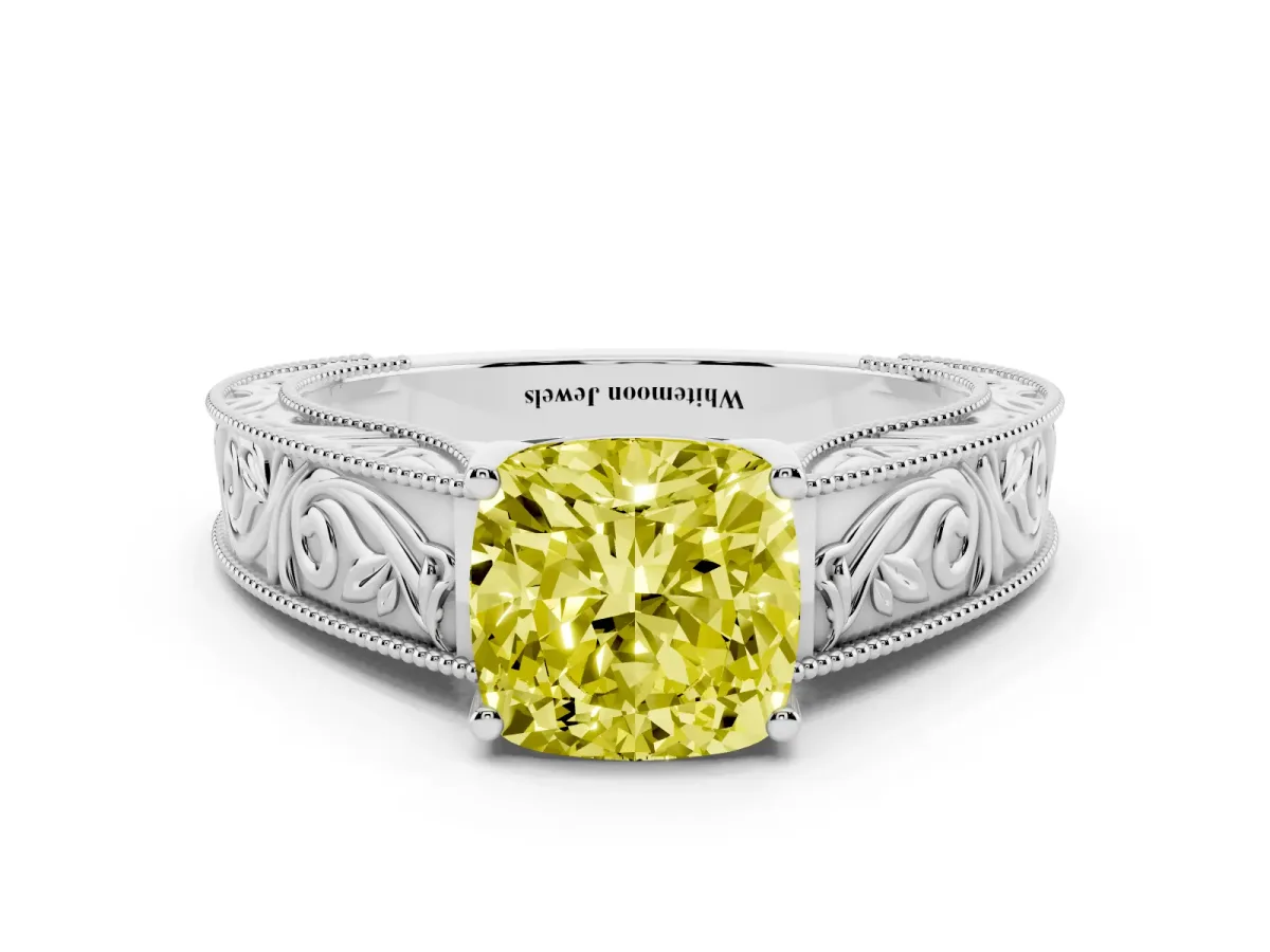 Fancy Yellow Cushion Cut Diamond Solitaire Ring with Engraved Band and Four-Prong Setting Silver