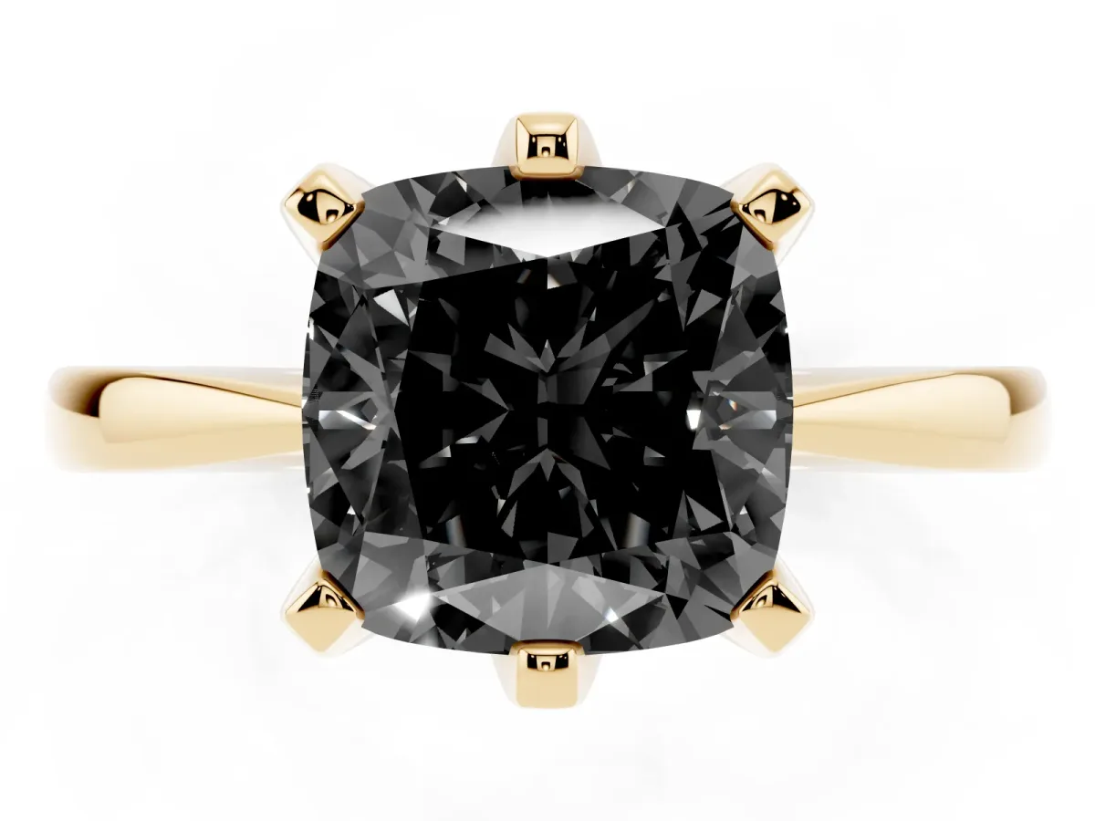Fancy Black Cushion Cut Solitaire Engagement Ring with Six-Prong Setting and Tapered Band Yellow gold