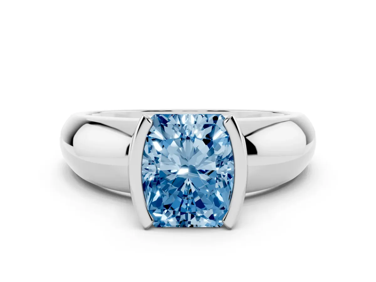 Fancy Blue Radiant Cut Solitaire Tension Set Diamond Ring with Wide Band Silver