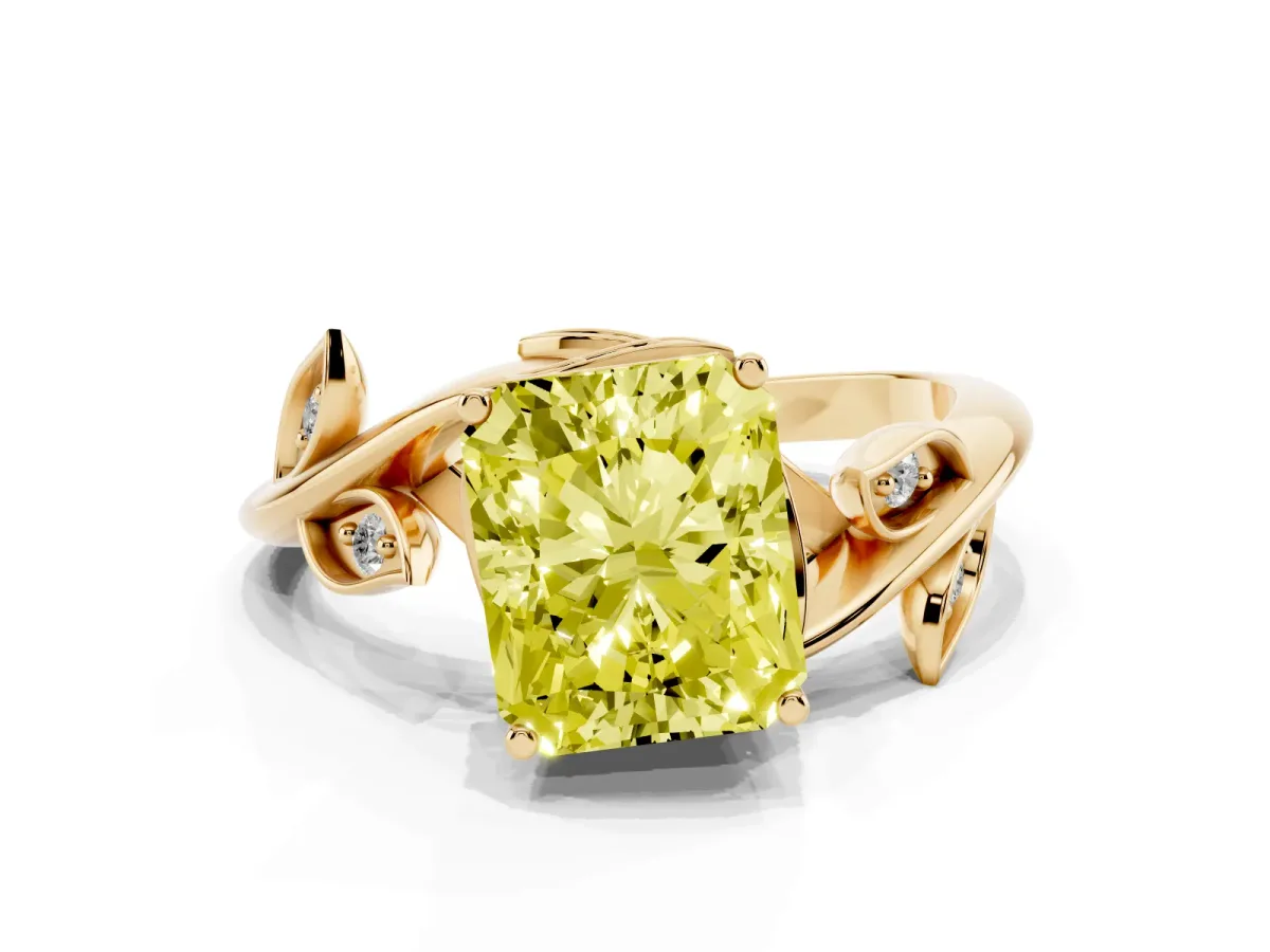 Fancy Yellow Radiant Cut Solitaire Twist Engagement Ring with Leaf Accents and Prong Setting Yellow gold