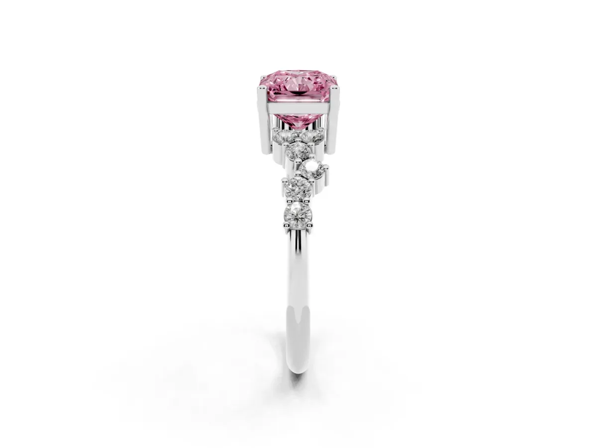 Fancy Pink Radiant Cut Diamond Scattered Round Accent Ring with Prong Setting White gold