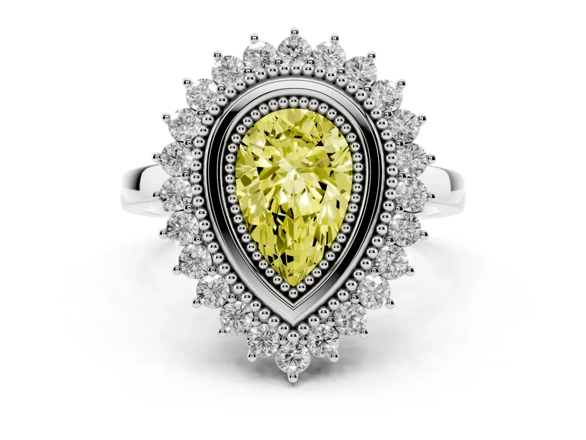 Fancy Yellow Pear Cut Halo Diamond Ring with Milgrain Edge and Round Prong Setting Silver