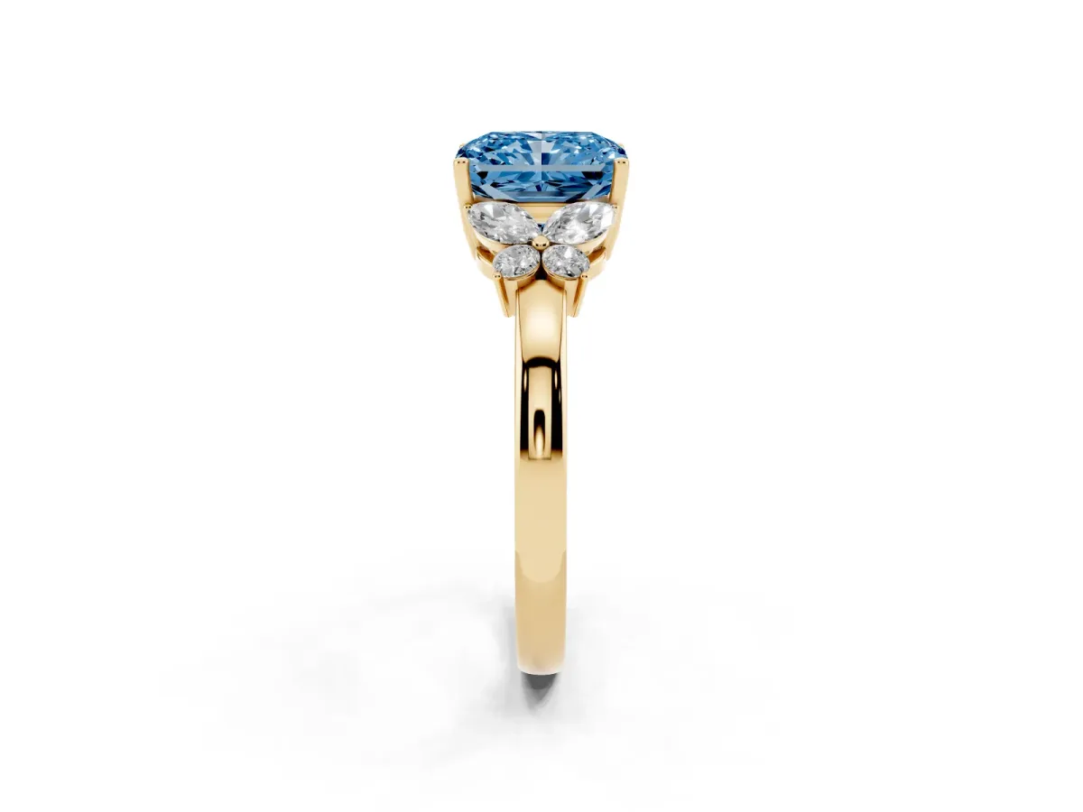 Fancy Blue Radiant Cut Cut Solitaire Floral Diamond Ring with Four-Prong Setting Yellow gold