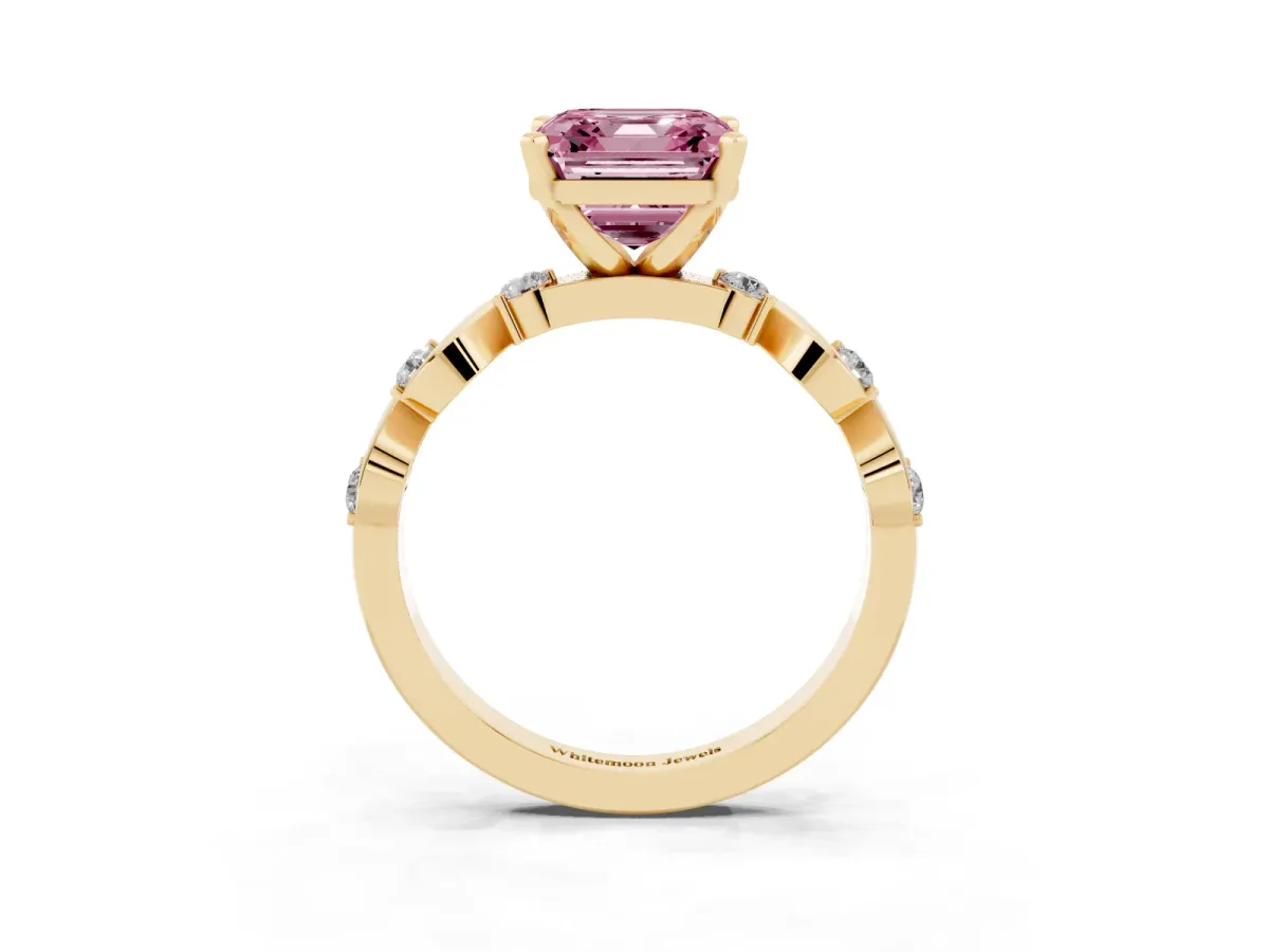 Fancy Pink Asscher Cut Diamond Solitaire Twisted Band with Round Accents and Prong Setting Yellow gold
