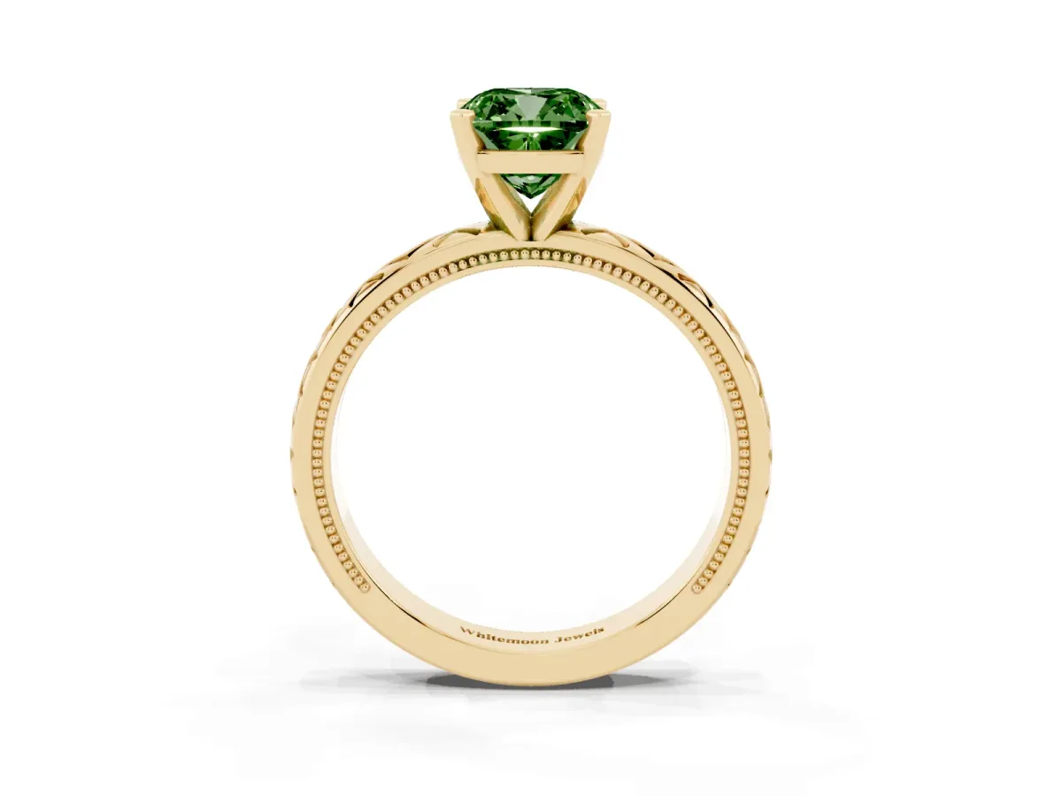 Fancy Green Cushion Cut Solitaire Diamond Ring with Milgrain and Black Enamel X Pattern Band Yellow gold
