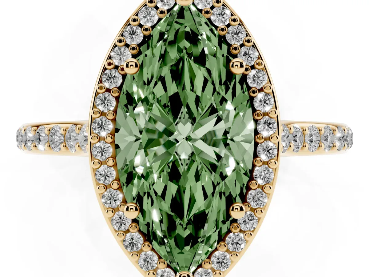Fancy Green Marquise Cut Diamond Halo Engagement Ring with Round Pavé Shoulders and Prong Setting Yellow gold