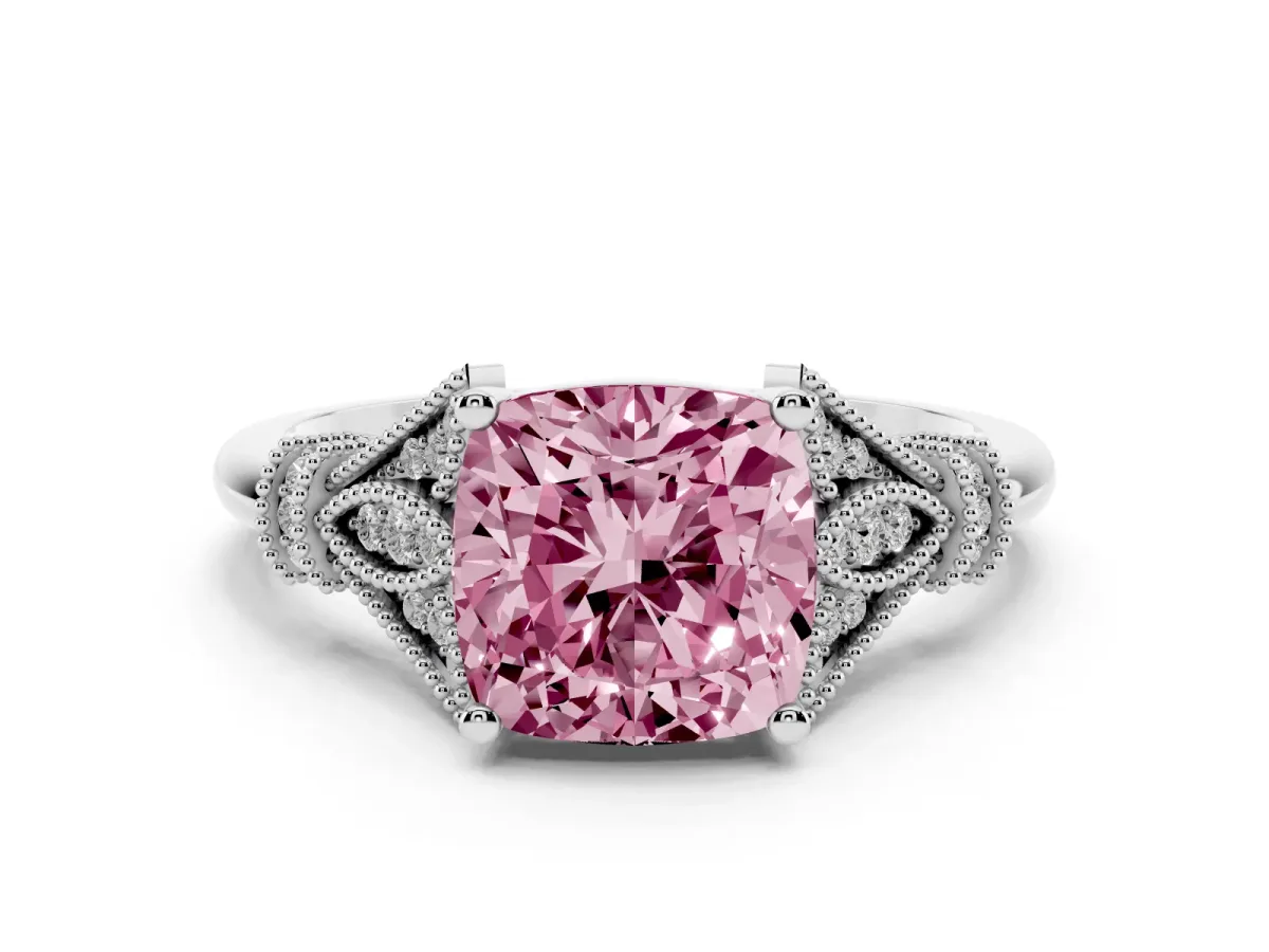 Fancy Pink Cushion Cut Diamond Solitaire Ring with Floral Filigree and Pave Accents Platinum