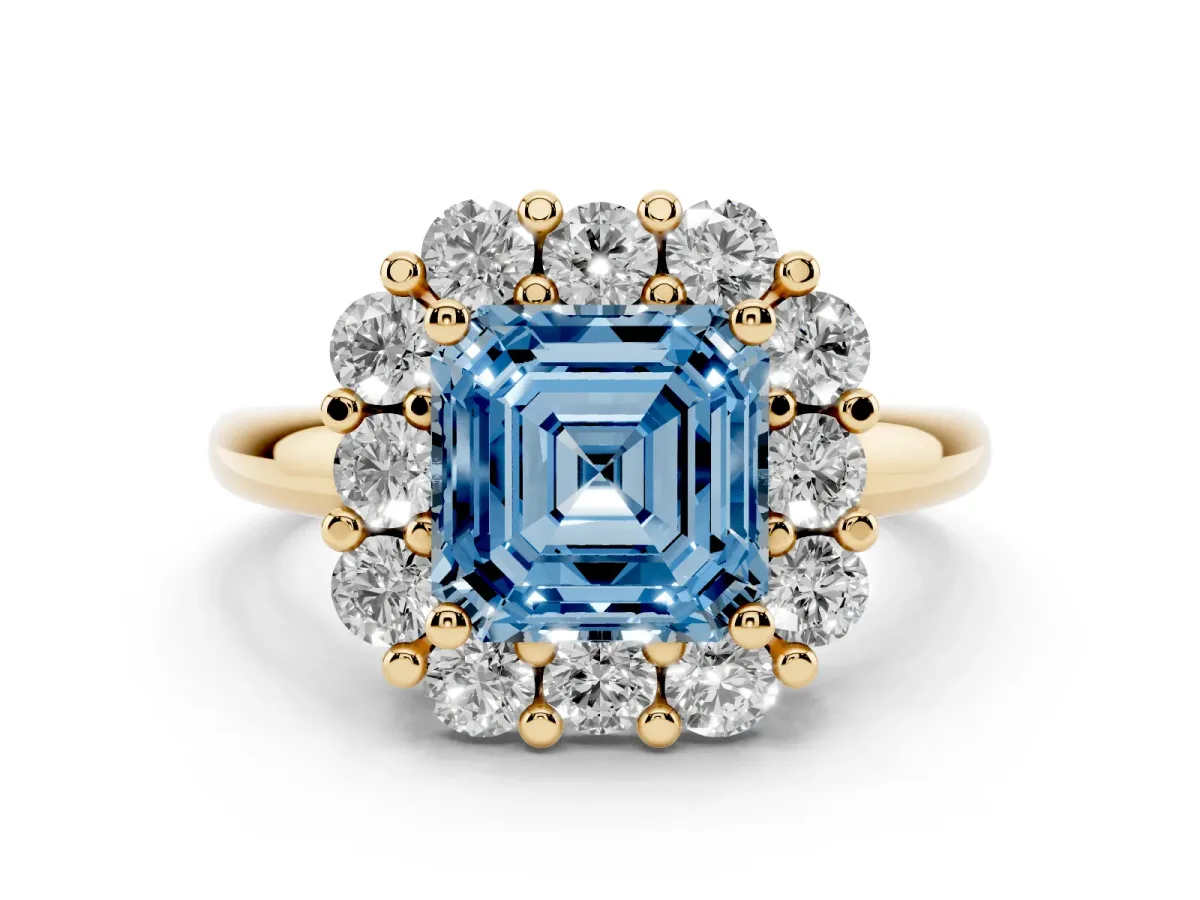 Fancy Blue Asscher Cut Halo Cluster Diamond Engagement Ring with Prong Setting and Polished Band Yellow gold