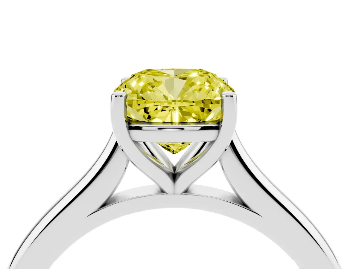Fancy Yellow Cushion Cut Cut Solitaire Ring with Cathedral Band and Four-Prong Setting Silver