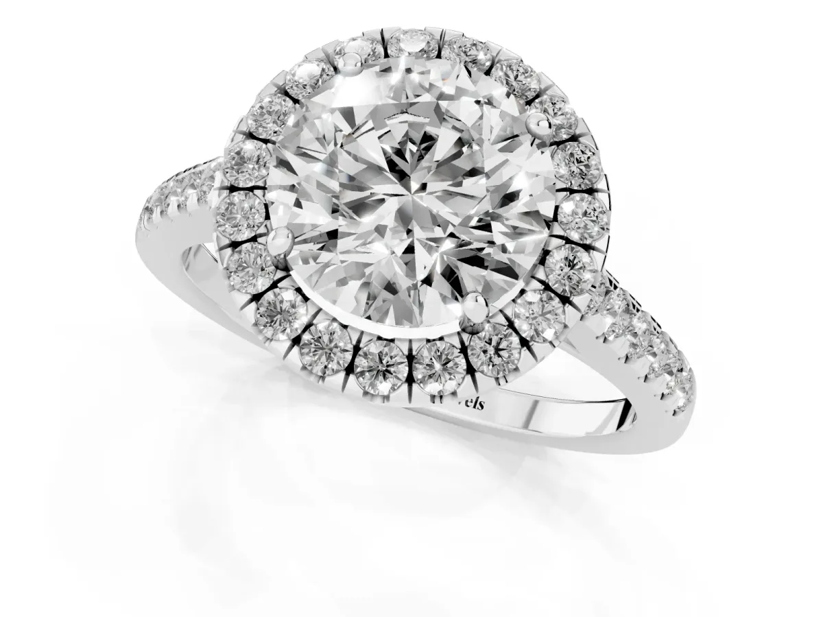 Round Cut Halo Pave Diamond Engagement Ring with Four-Prong Setting Silver