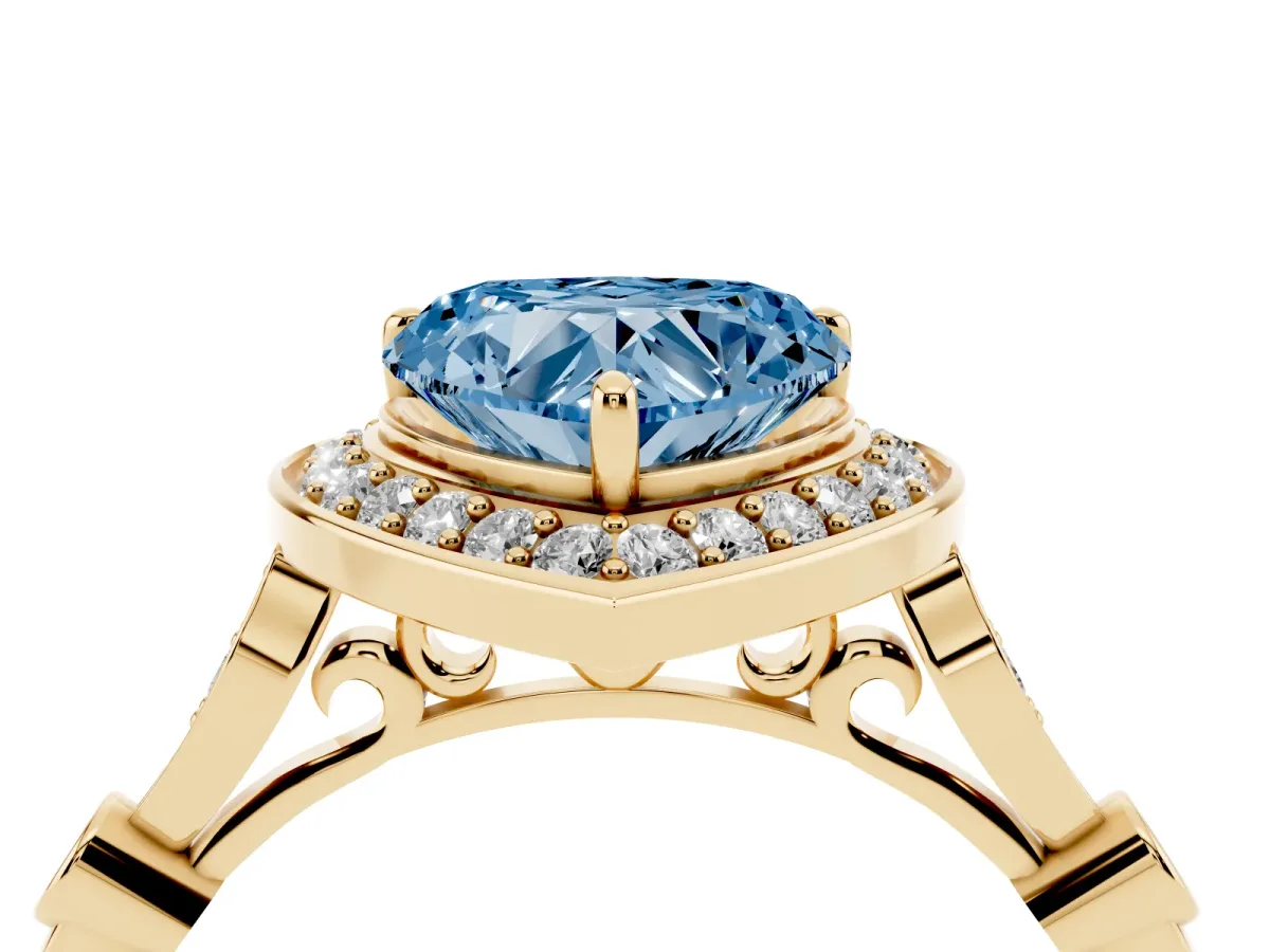 Fancy Blue Heart Cut Halo Diamond Engagement Ring with Twisted Band and Four-Prong Setting Yellow gold