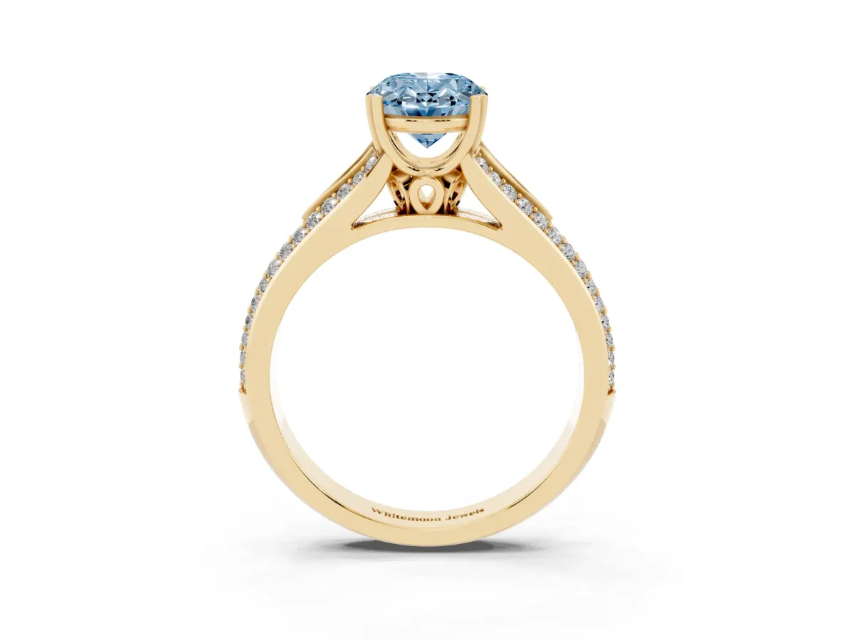 Fancy Blue Oval Cut Diamond Split Shank Engagement Ring with Pavé Band Yellow gold