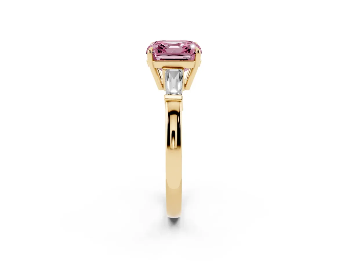 Fancy Pink Asscher Cut Diamond Three-Stone Ring with Tapered Baguette Side Stones and Prong Setting Yellow gold