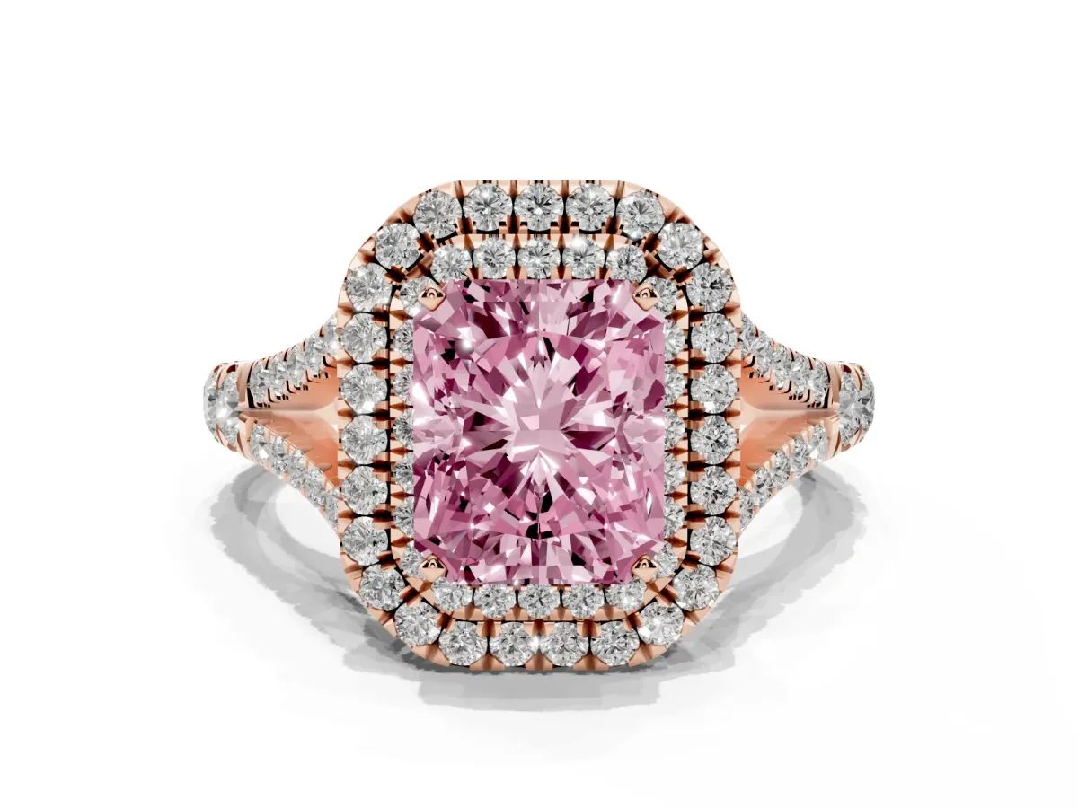 Fancy Pink Double Halo Radiant Cut Diamond Split Shank Engagement Ring with Four-Prong Setting Rose gold