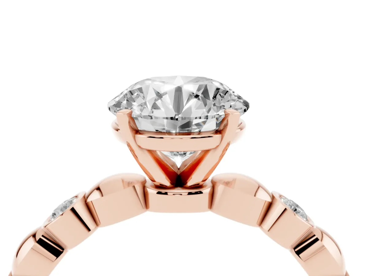 Round Cut Solitaire Bezel-Set Diamond Ring with Beaded Band and Four-Prong Setting Rose gold