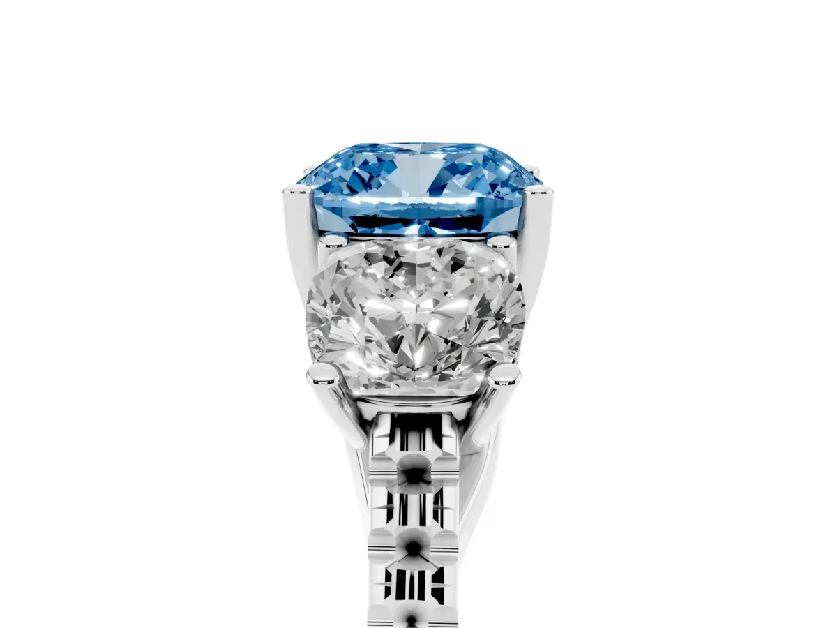 Fancy Blue Three-Stone Cushion Cut Diamond Ring with Round Pavé Band and Prong Setting Silver