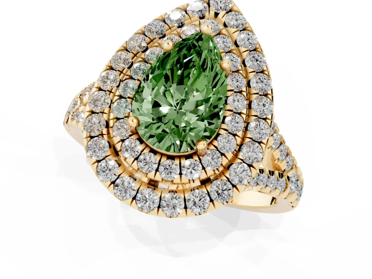 Fancy Green Double Halo Pear Cut Diamond Pavé Split Shank Ring with Prong Setting Yellow gold